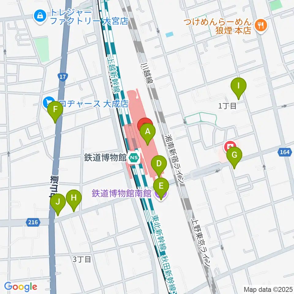 鉄道博物館周辺のファミレス・ファーストフード一覧地図