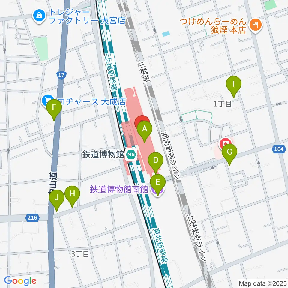鉄道博物館周辺のファミレス・ファーストフード一覧地図