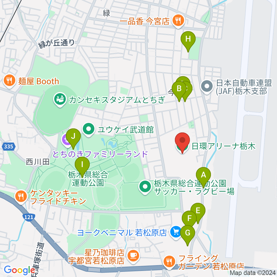 日環アリーナ栃木周辺のファミレス・ファーストフード一覧地図