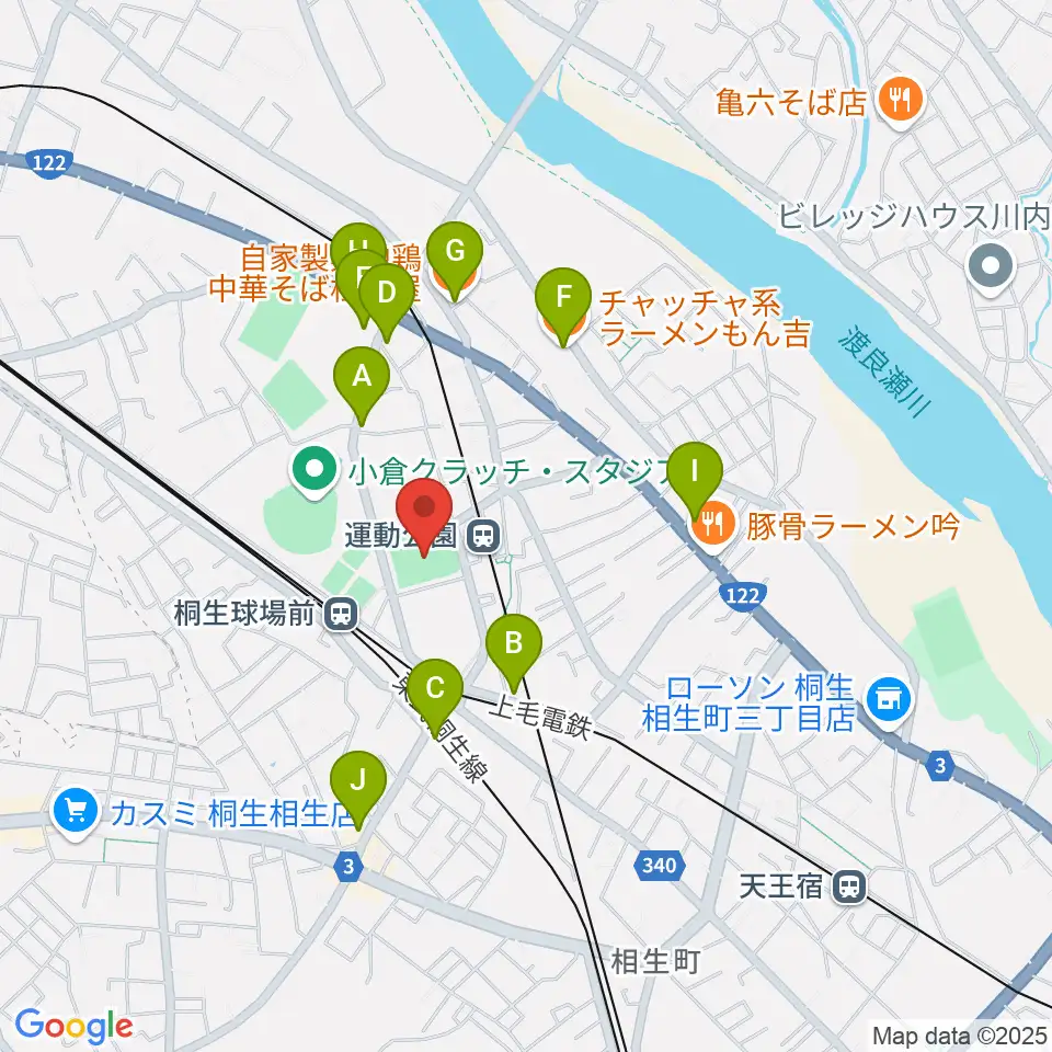 桐生ガススポーツセンター周辺のファミレス・ファーストフード一覧地図