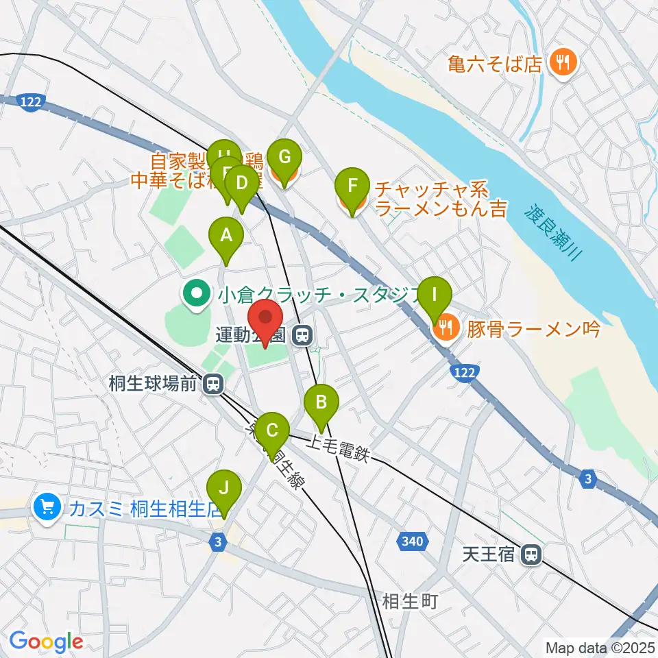 桐生ガススポーツセンター周辺のファミレス・ファーストフード一覧地図