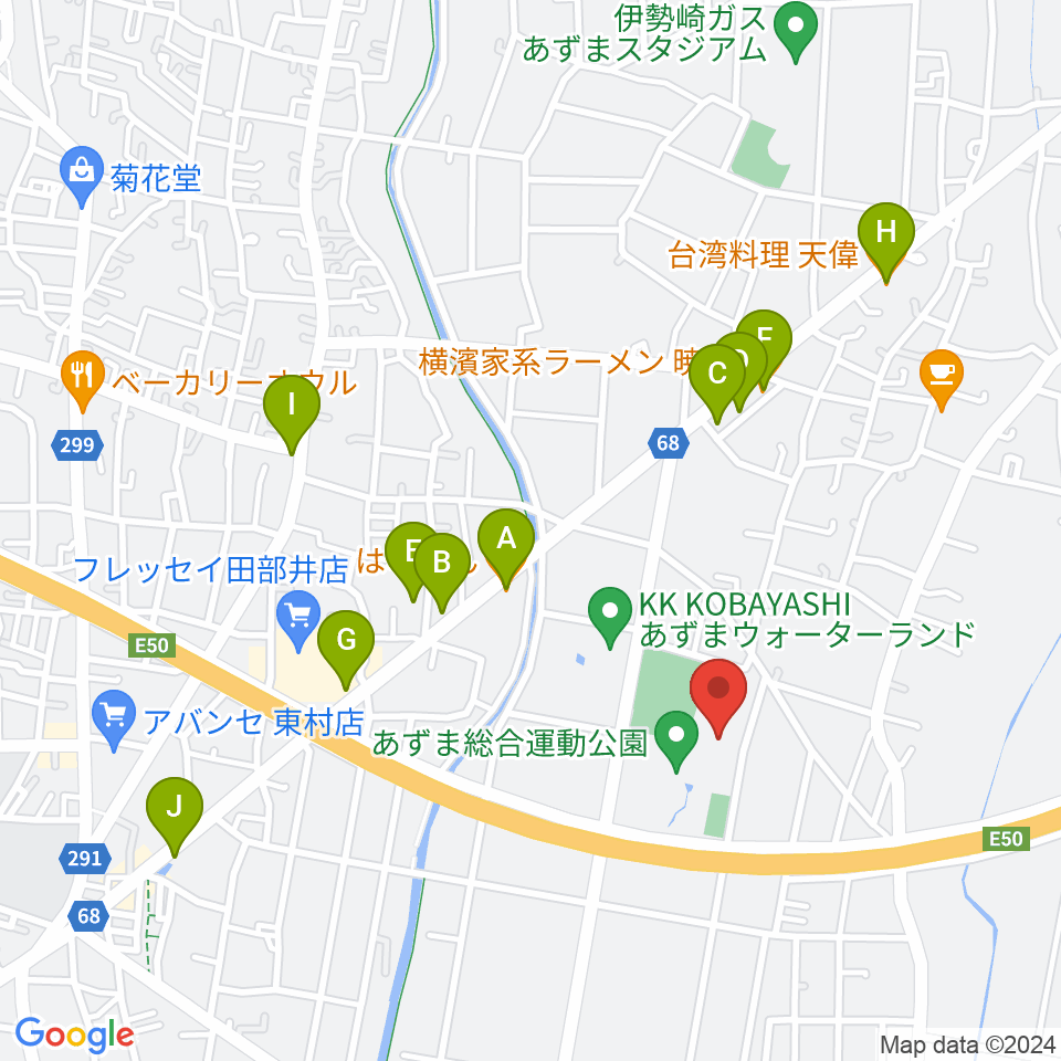 伊勢崎市あずまホール周辺のファミレス・ファーストフード一覧地図