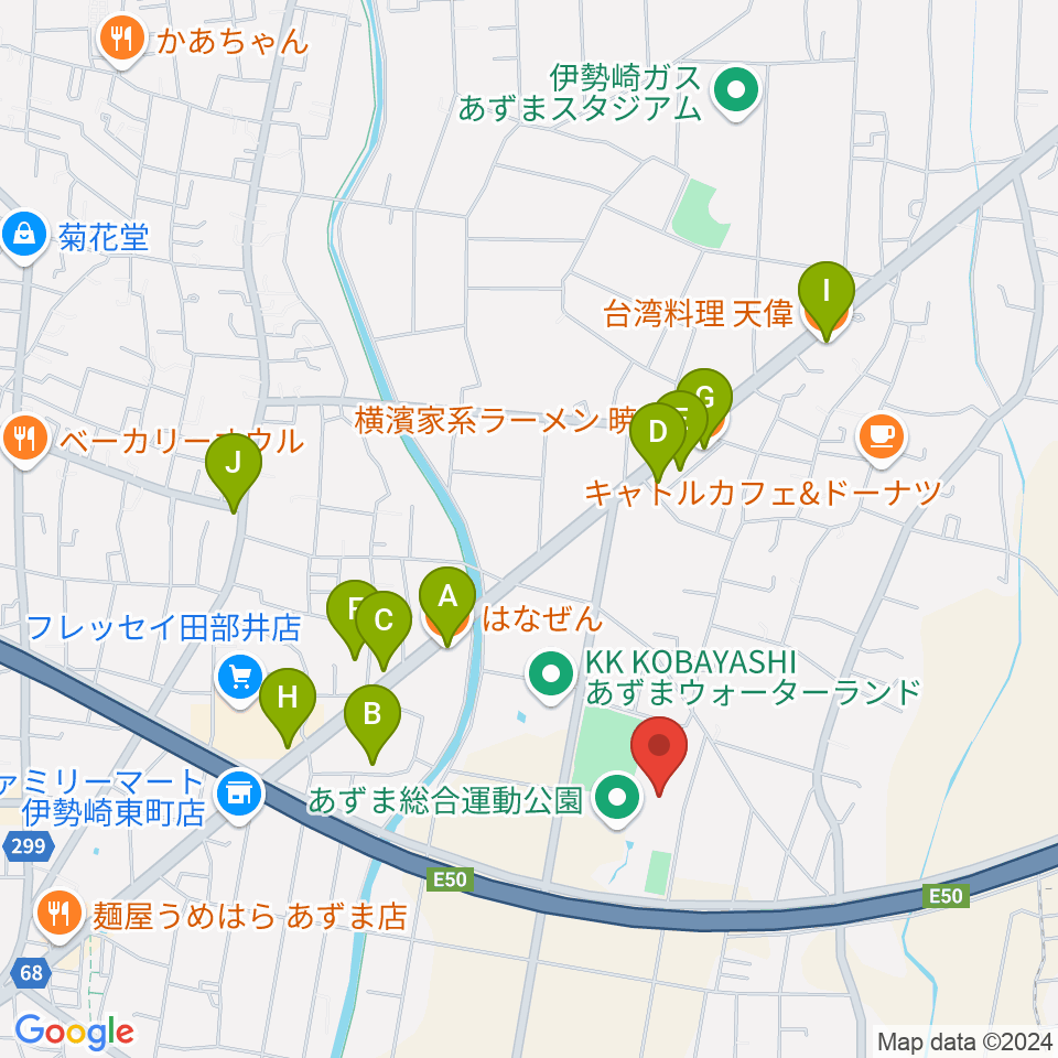 伊勢崎市あずまホール周辺のファミレス・ファーストフード一覧地図