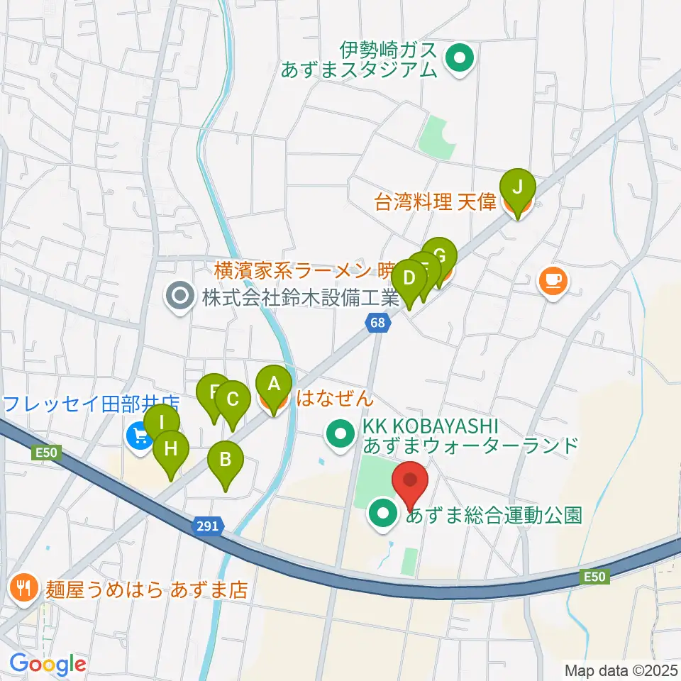 伊勢崎市あずまホール周辺のファミレス・ファーストフード一覧地図