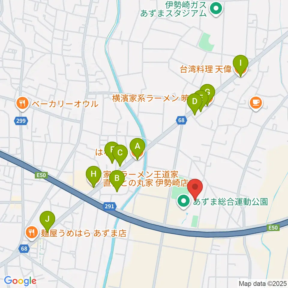 伊勢崎市あずまホール周辺のファミレス・ファーストフード一覧地図
