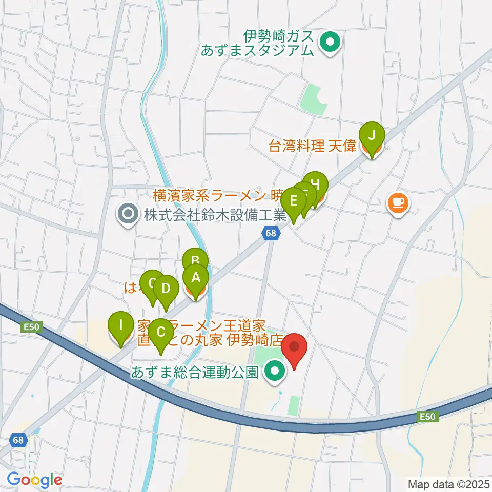 伊勢崎市あずまホール周辺のファミレス・ファーストフード一覧地図