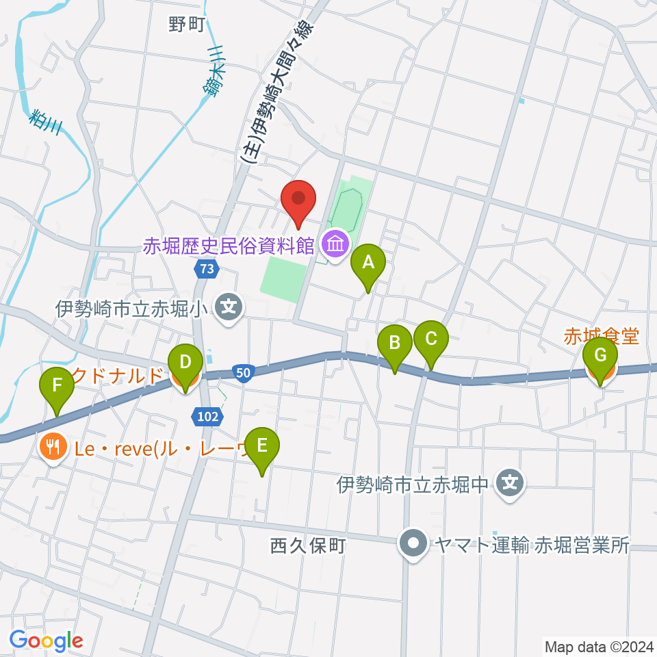 赤堀芸術文化プラザ周辺のファミレス・ファーストフード一覧地図