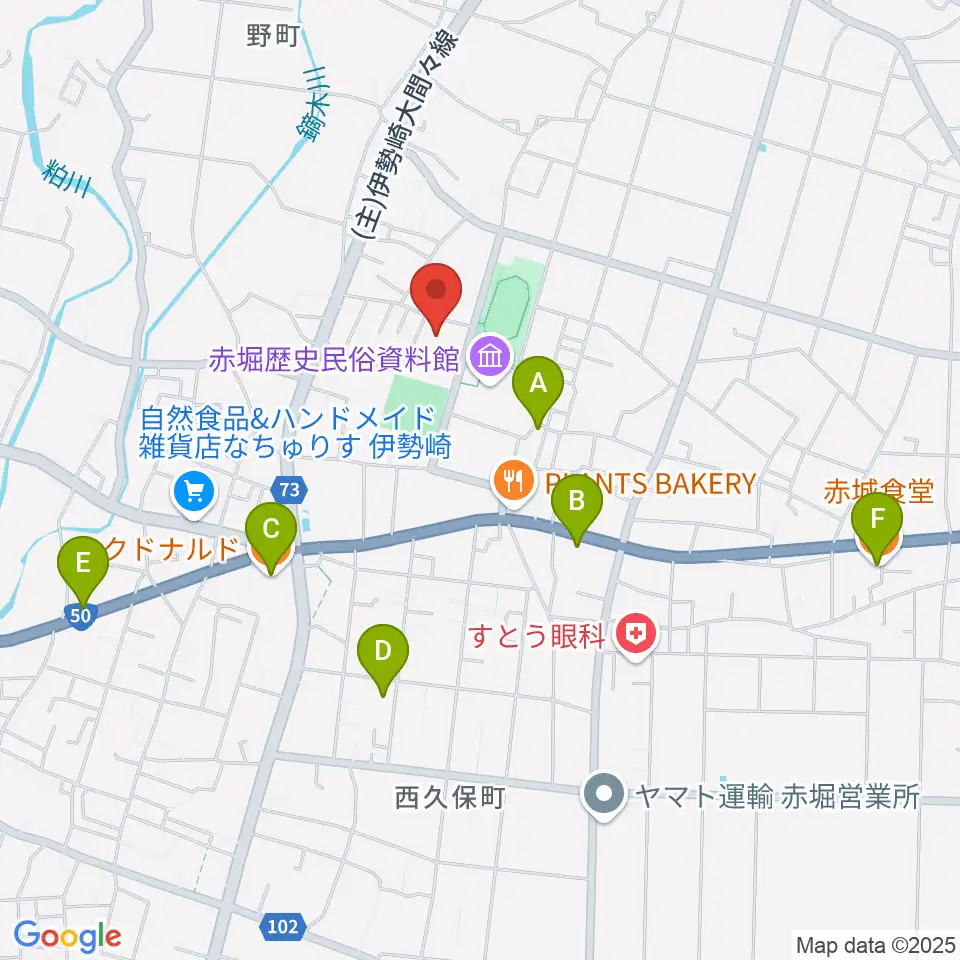 赤堀芸術文化プラザ周辺のファミレス・ファーストフード一覧地図