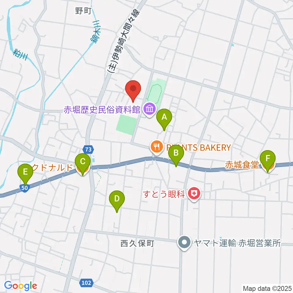 赤堀芸術文化プラザ周辺のファミレス・ファーストフード一覧地図