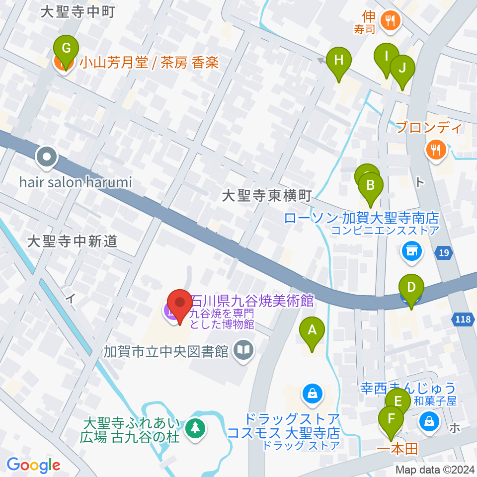 石川県九谷焼美術館周辺のファミレス・ファーストフード一覧地図