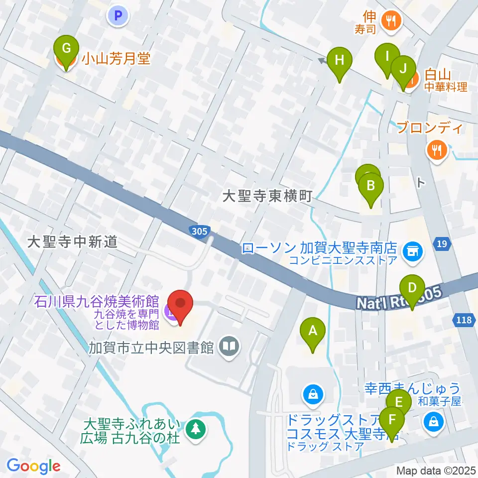 石川県九谷焼美術館周辺のファミレス・ファーストフード一覧地図