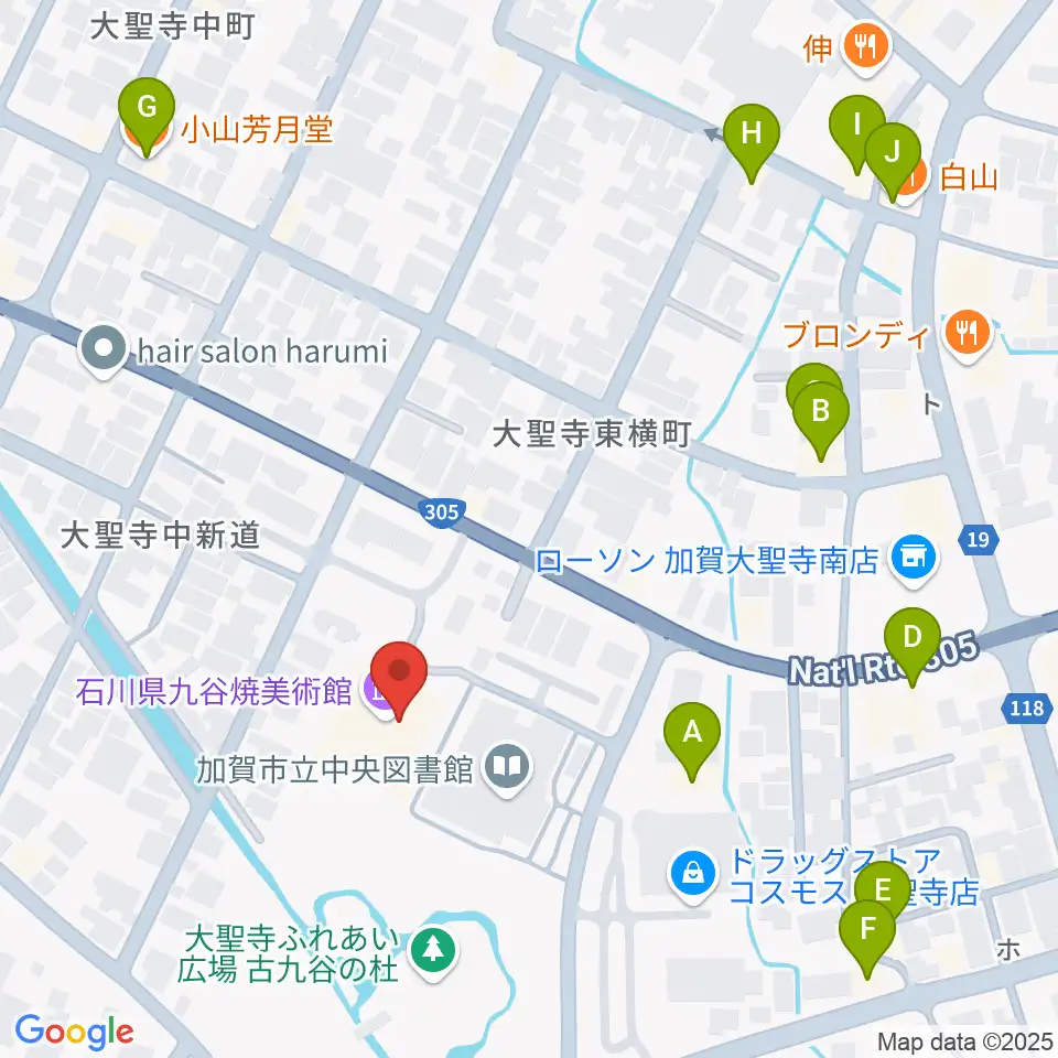 石川県九谷焼美術館周辺のファミレス・ファーストフード一覧地図