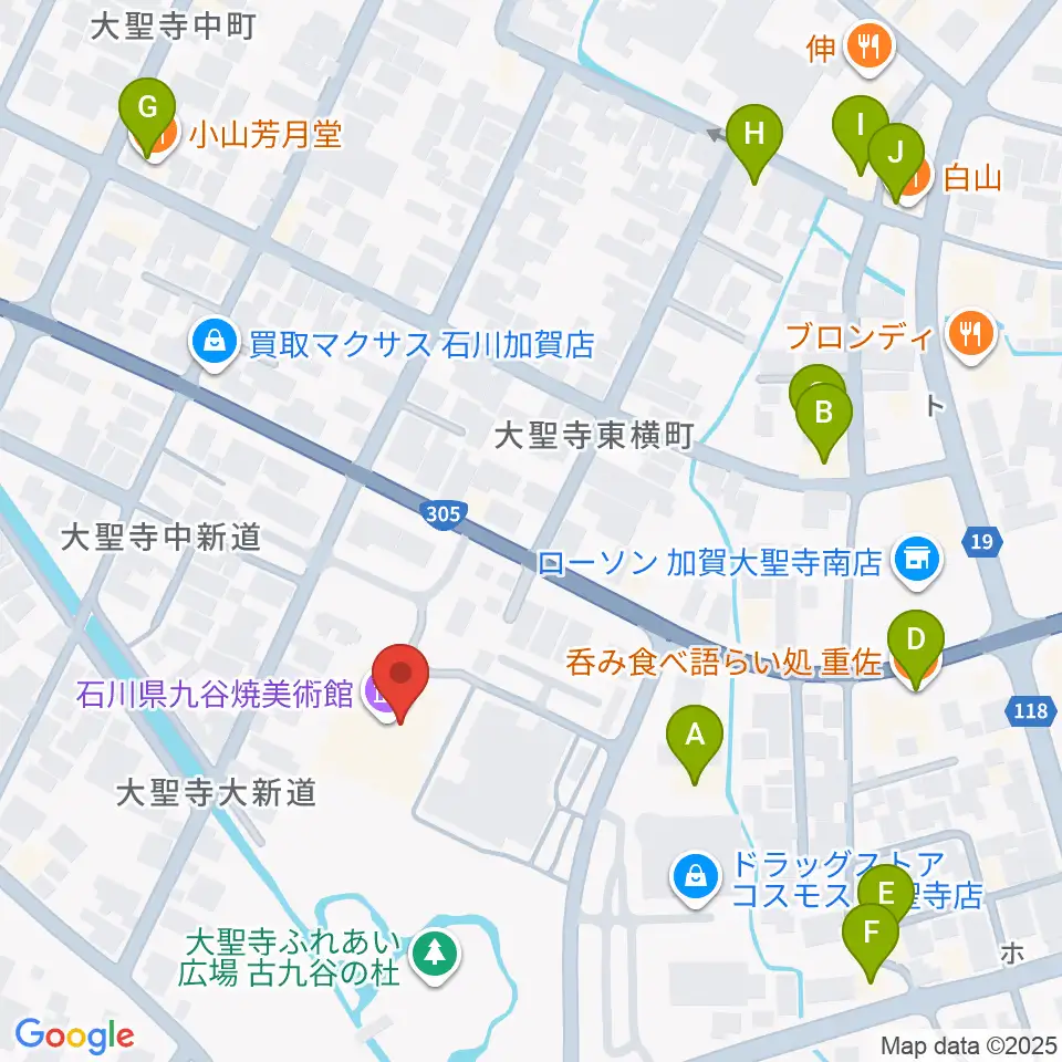 石川県九谷焼美術館周辺のファミレス・ファーストフード一覧地図