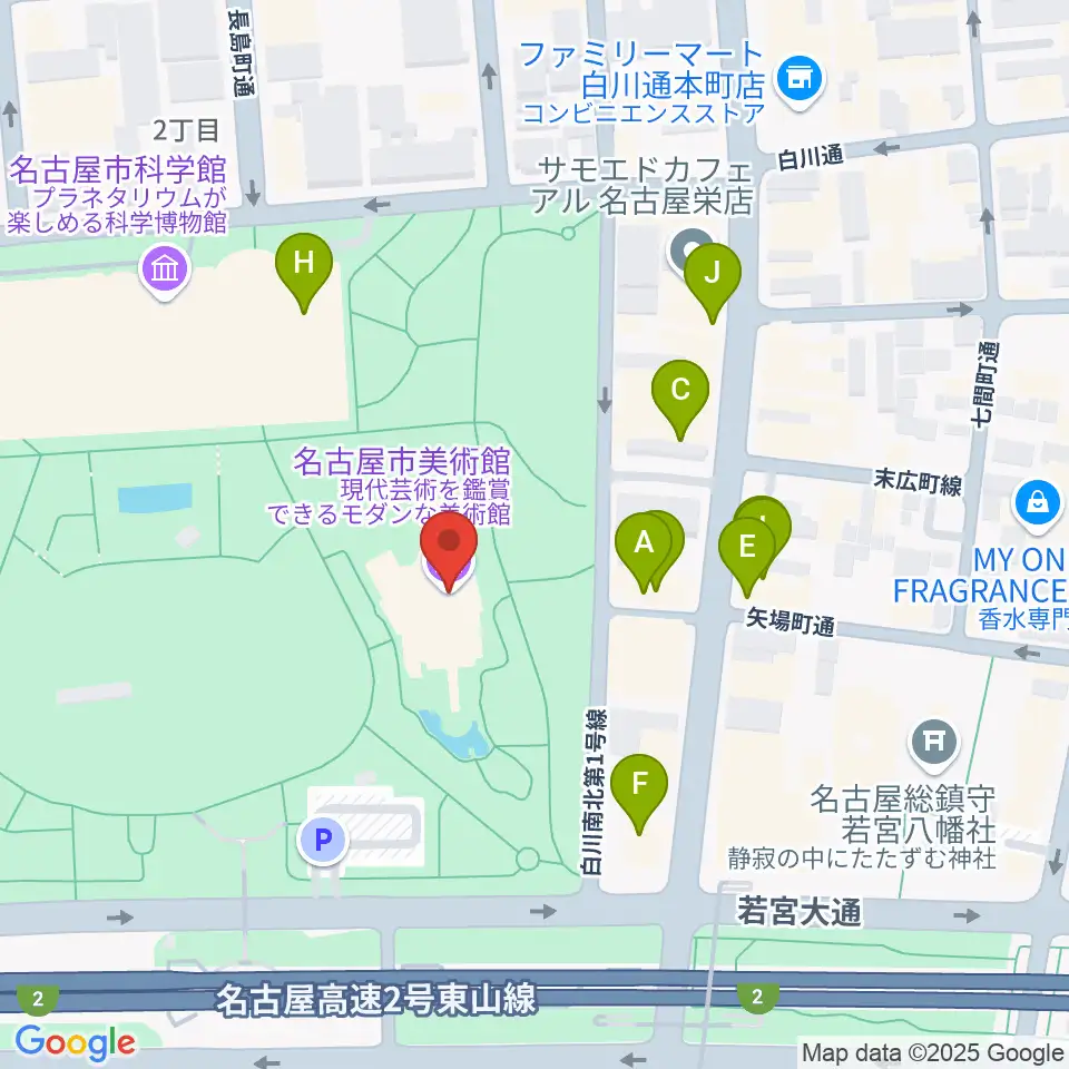 名古屋市美術館周辺のファミレス・ファーストフード一覧地図