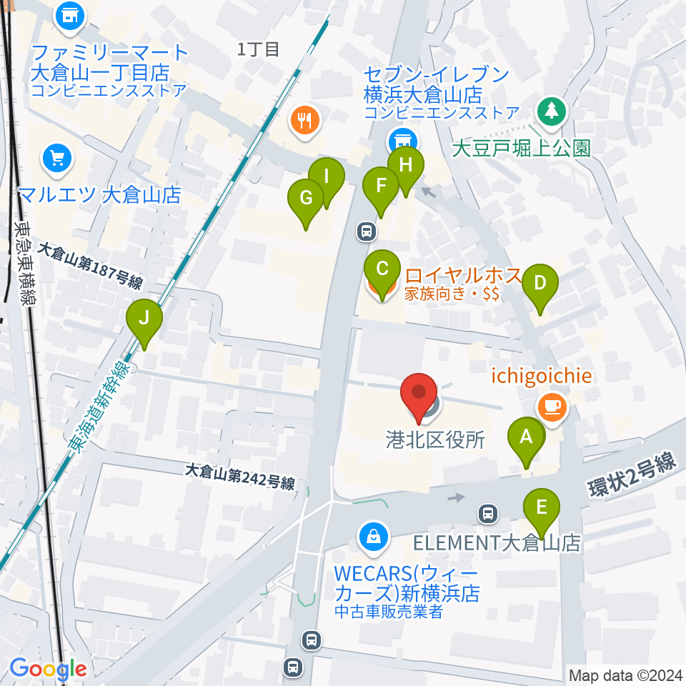 横浜市港北公会堂周辺のファミレス・ファーストフード一覧地図