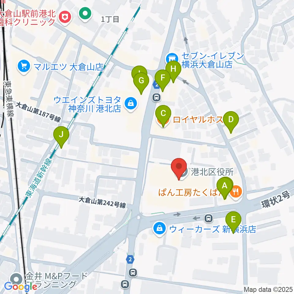 横浜市港北公会堂周辺のファミレス・ファーストフード一覧地図