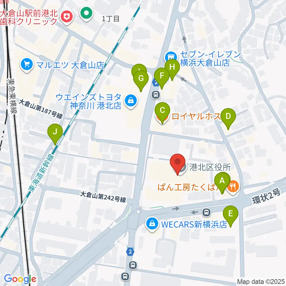 横浜市港北公会堂周辺のファミレス・ファーストフード一覧地図