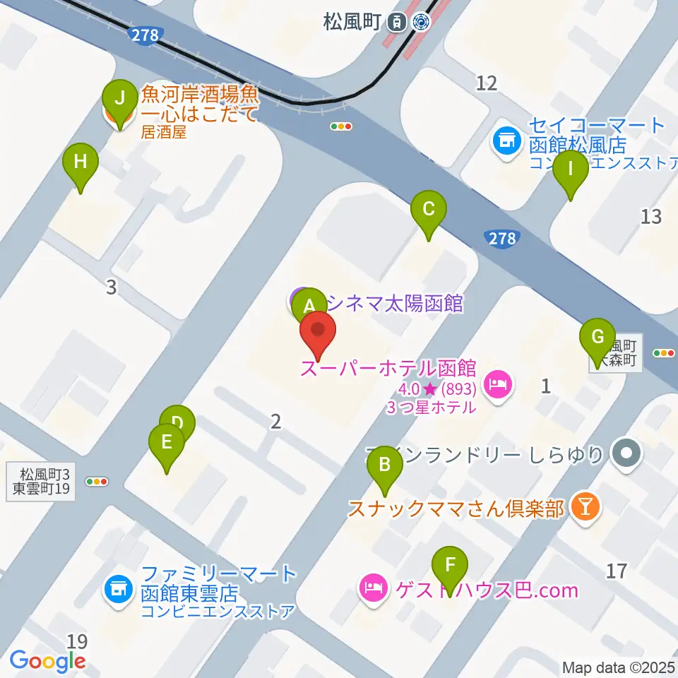 シネマ太陽函館周辺のファミレス・ファーストフード一覧地図
