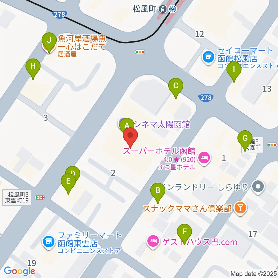 シネマ太陽函館周辺のファミレス・ファーストフード一覧地図