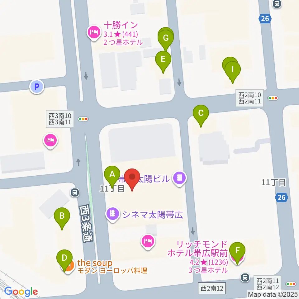 シネマ太陽帯広周辺のファミレス・ファーストフード一覧地図
