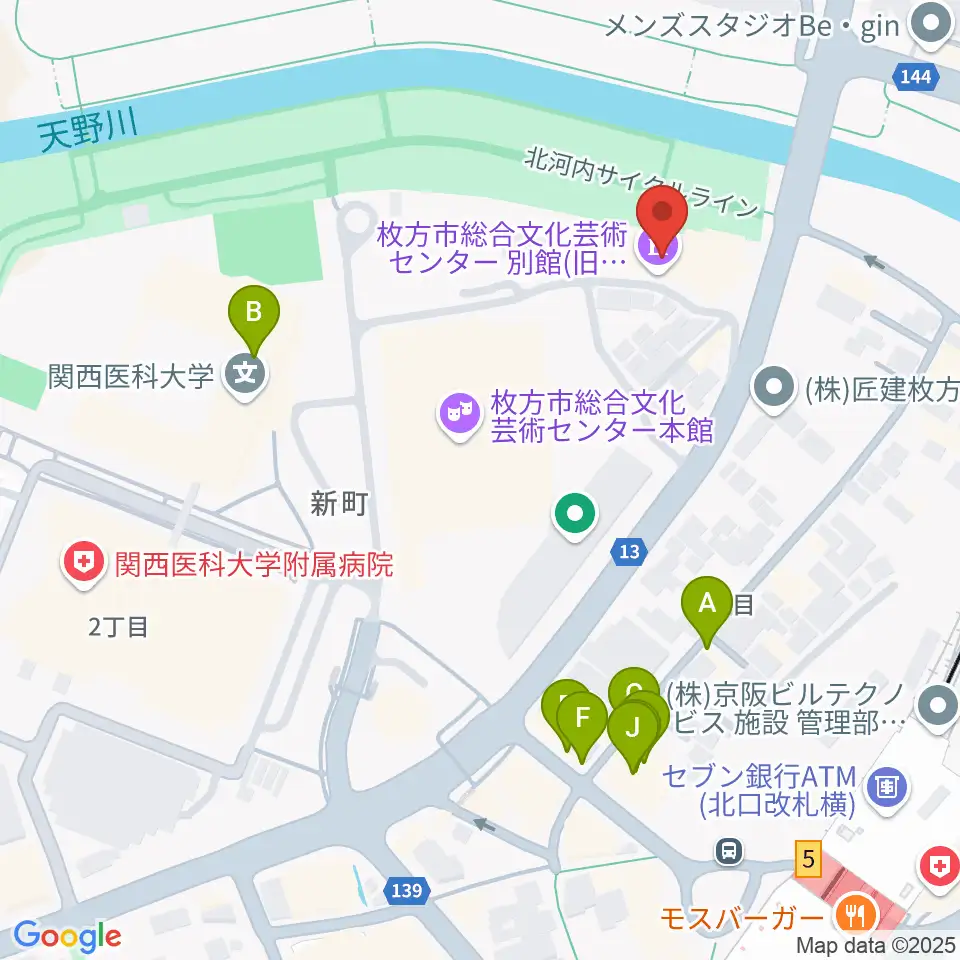 枚方市総合文化芸術センター別館周辺のファミレス・ファーストフード一覧地図