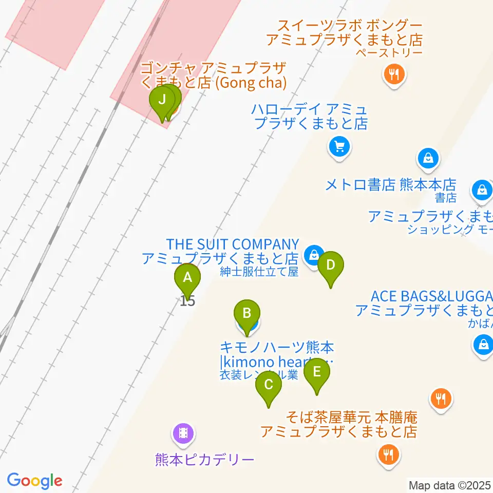 熊本ピカデリー周辺のファミレス・ファーストフード一覧地図