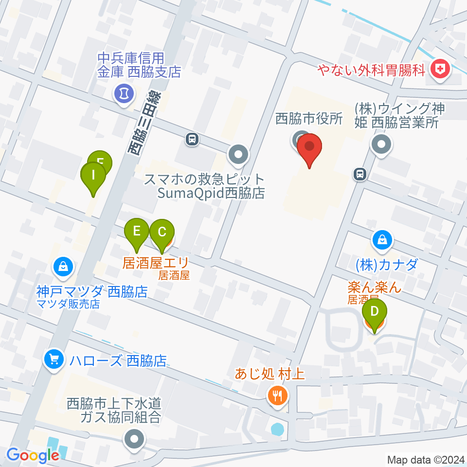 西脇市市民交流施設オリナス周辺のファミレス・ファーストフード一覧地図