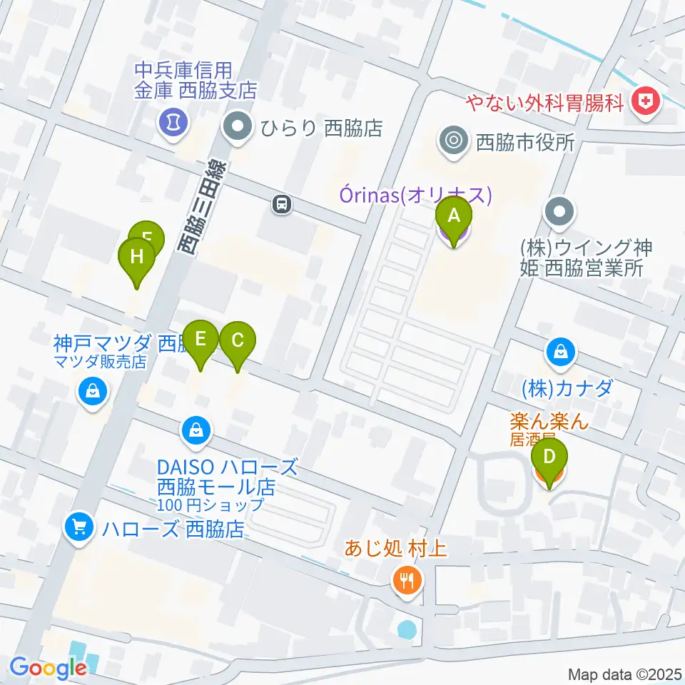 西脇市市民交流施設オリナス周辺のファミレス・ファーストフード一覧地図