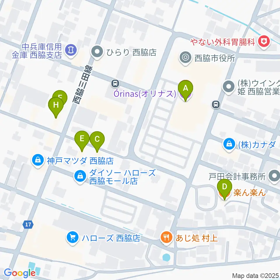 西脇市市民交流施設オリナス周辺のファミレス・ファーストフード一覧地図