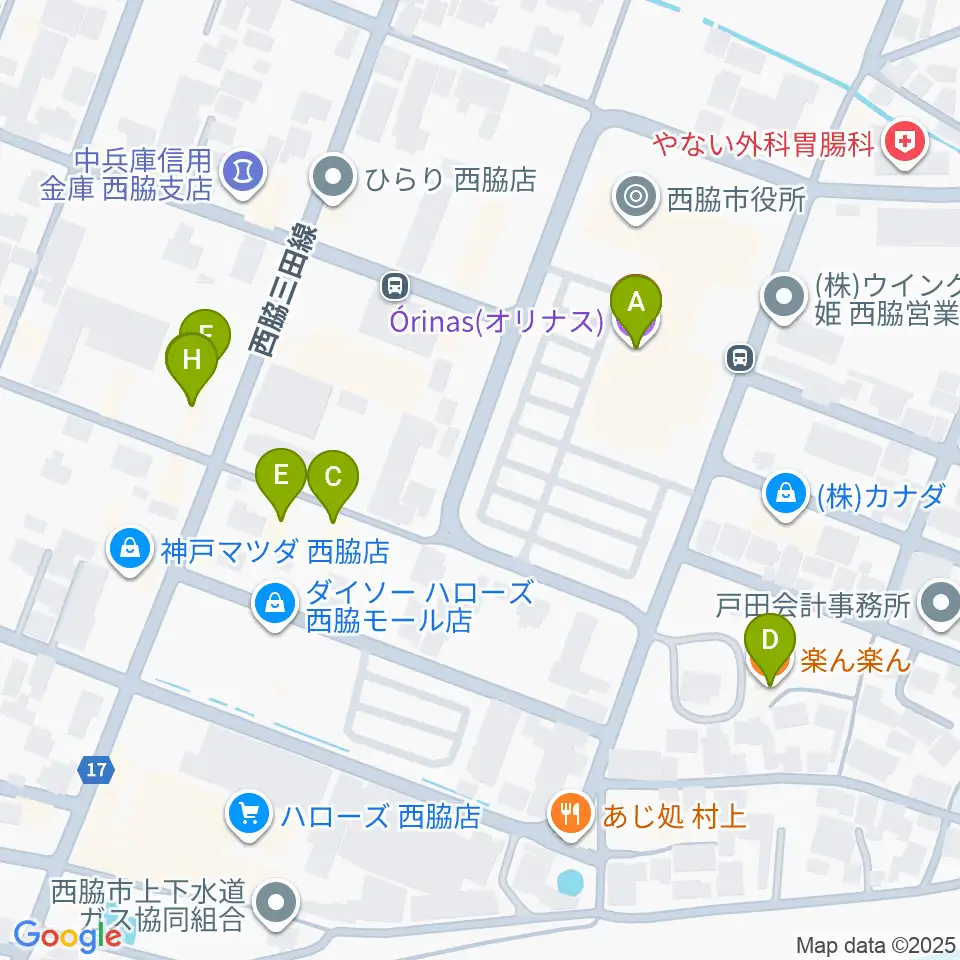 西脇市市民交流施設オリナス周辺のファミレス・ファーストフード一覧地図