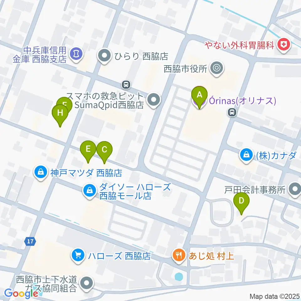 西脇市市民交流施設オリナス周辺のファミレス・ファーストフード一覧地図