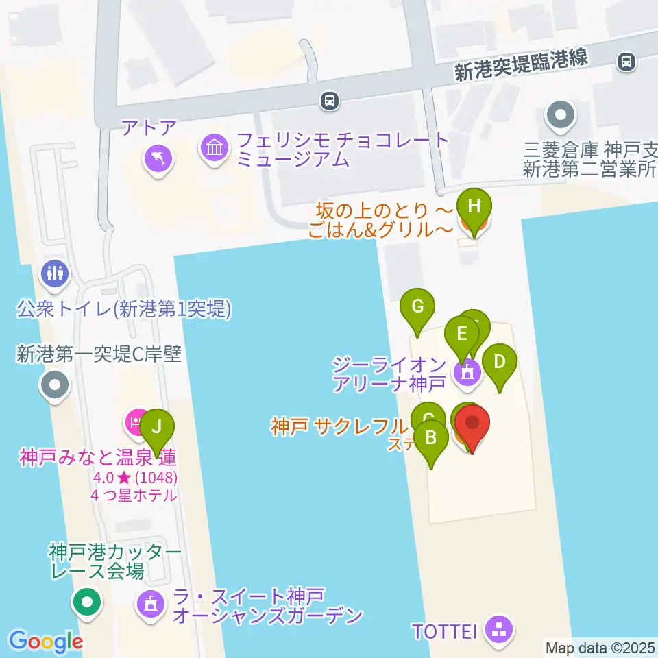 ジーライオンアリーナ神戸周辺のファミレス・ファーストフード一覧地図