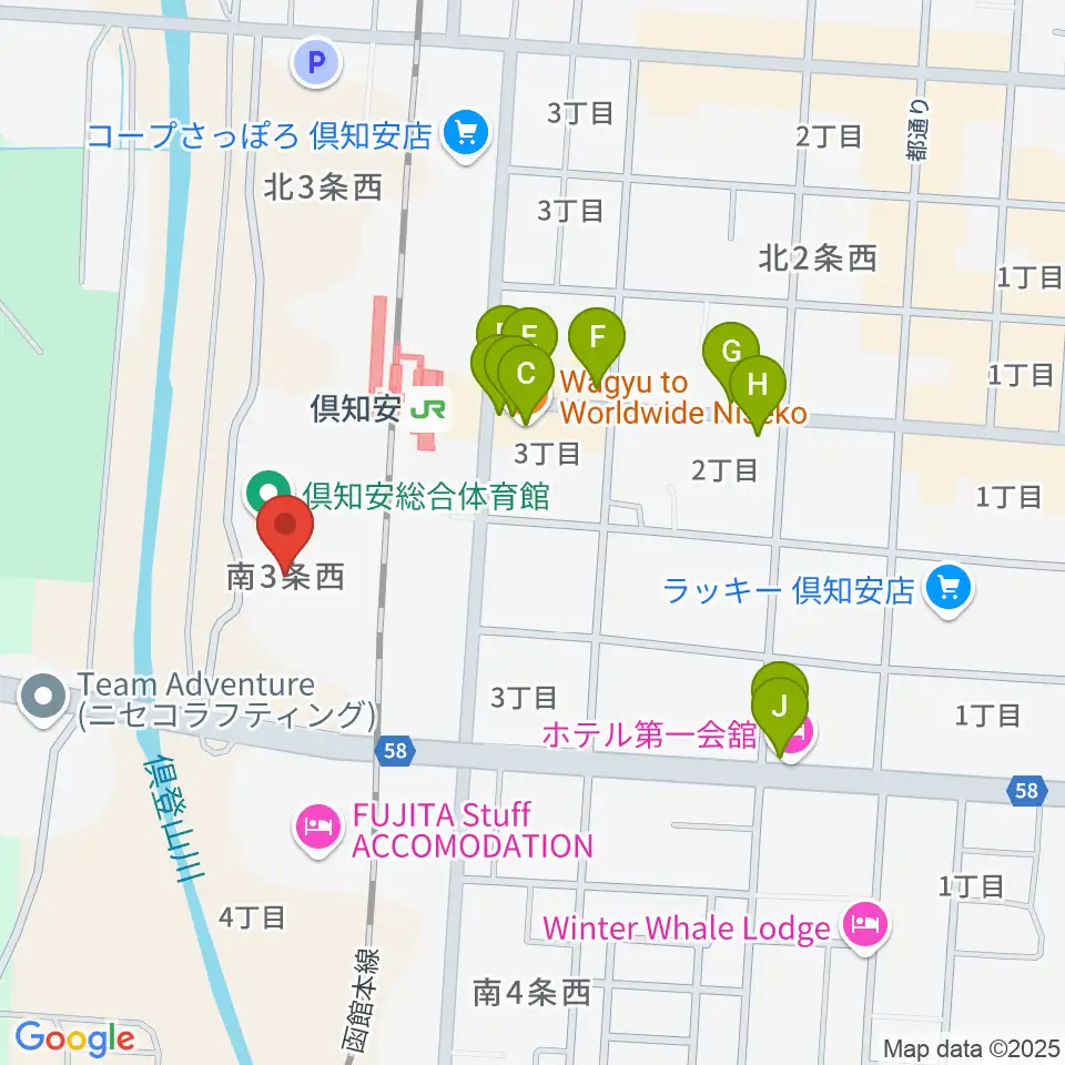 倶知安総合体育館周辺のファミレス・ファーストフード一覧地図