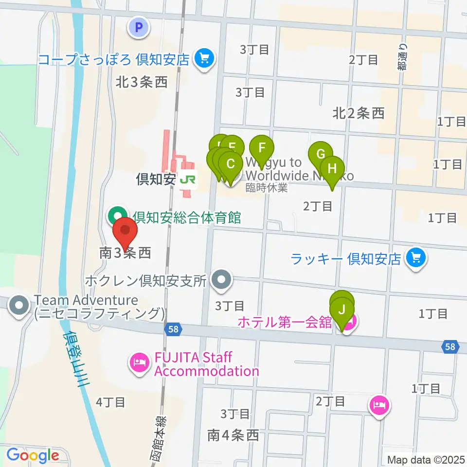 倶知安総合体育館周辺のファミレス・ファーストフード一覧地図