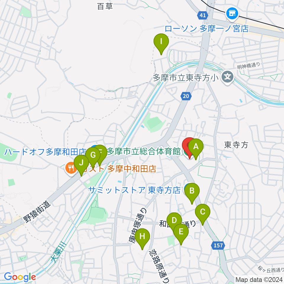 多摩市立総合体育館周辺のファミレス・ファーストフード一覧地図