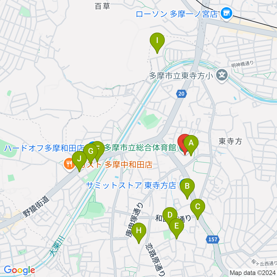 多摩市立総合体育館周辺のファミレス・ファーストフード一覧地図