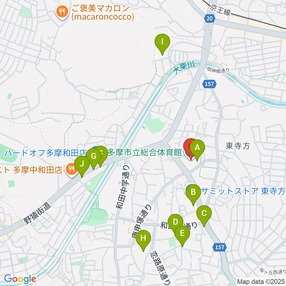 多摩市立総合体育館周辺のファミレス・ファーストフード一覧地図