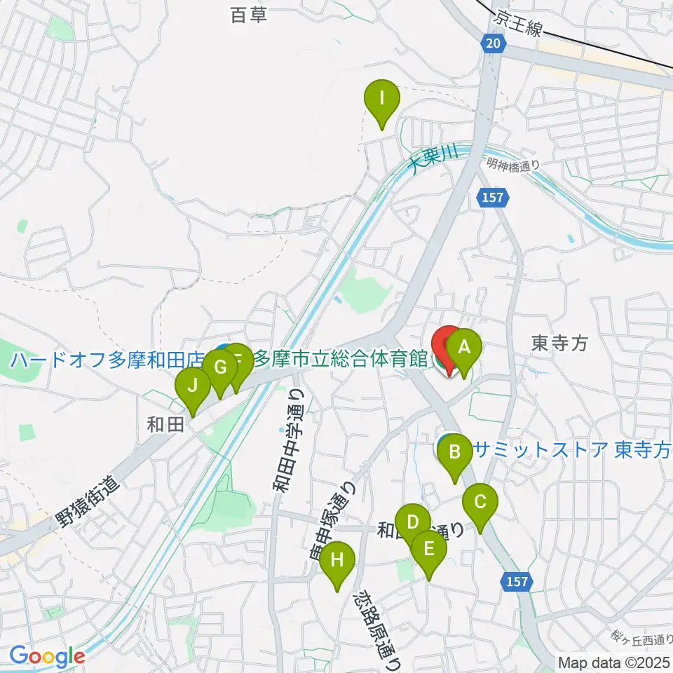 多摩市立総合体育館周辺のファミレス・ファーストフード一覧地図