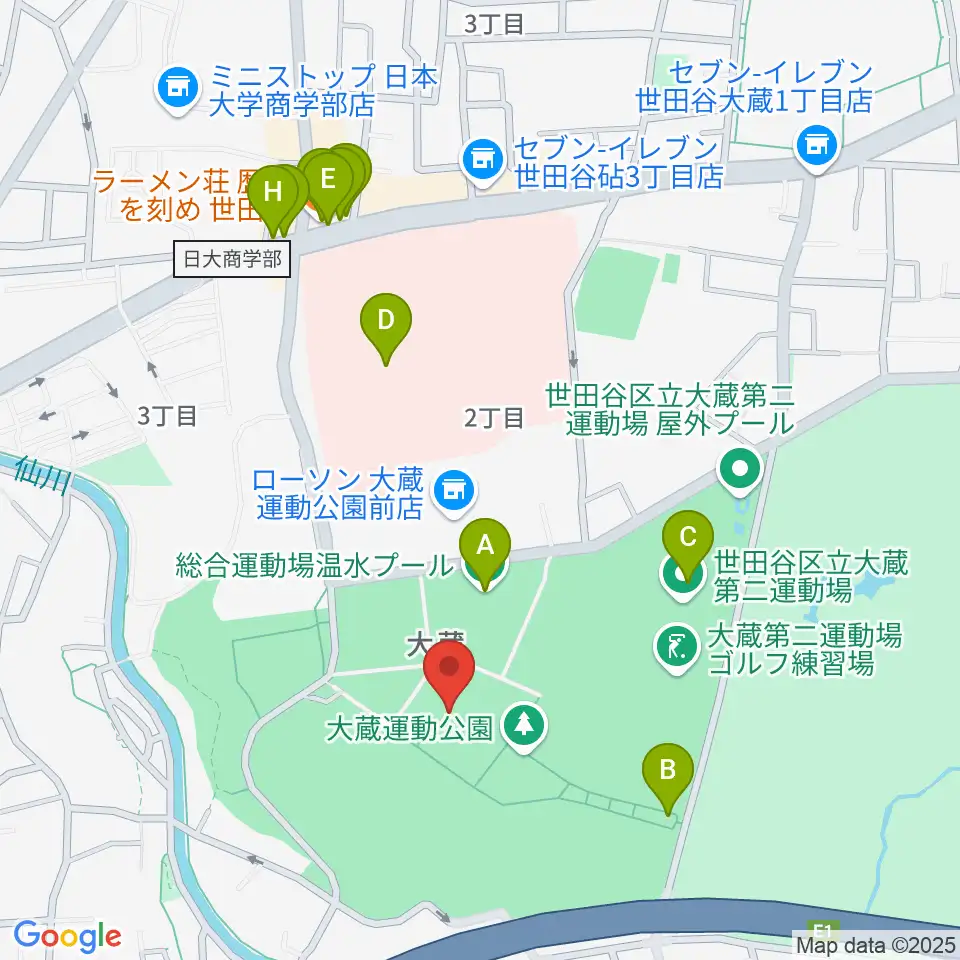 世田谷区立総合運動場体育館周辺のファミレス・ファーストフード一覧地図
