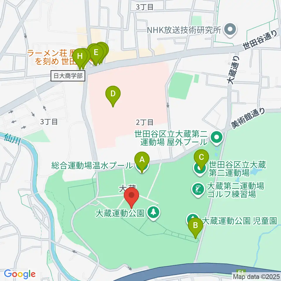 世田谷区立総合運動場体育館周辺のファミレス・ファーストフード一覧地図