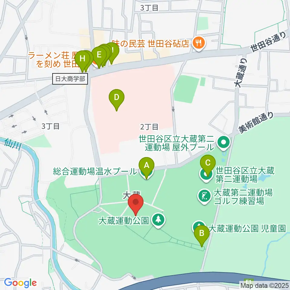 世田谷区立総合運動場体育館周辺のファミレス・ファーストフード一覧地図