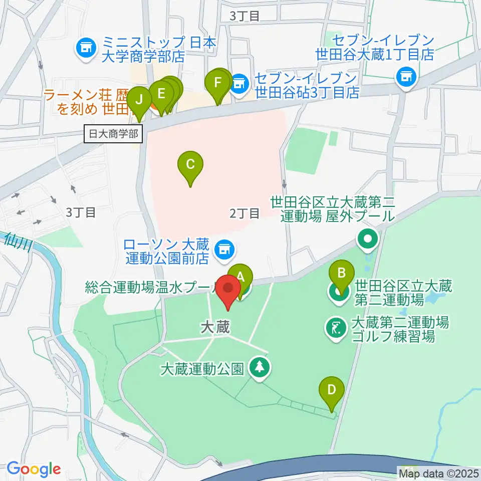 世田谷区立総合運動場温水プール周辺のファミレス・ファーストフード一覧地図