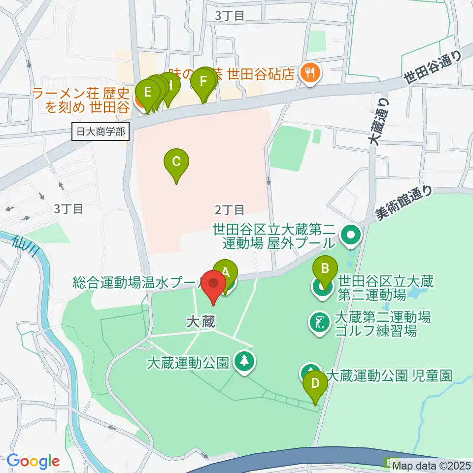 世田谷区立総合運動場温水プール周辺のファミレス・ファーストフード一覧地図