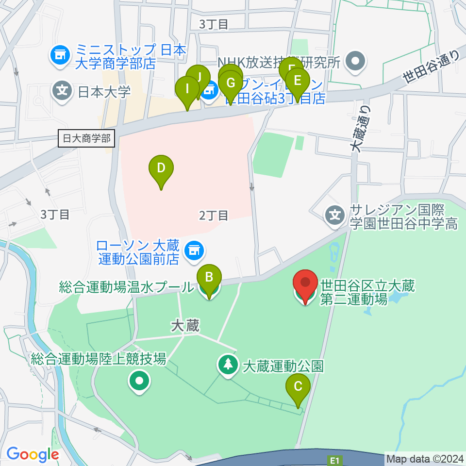 大蔵第二運動場体育館周辺のファミレス・ファーストフード一覧地図