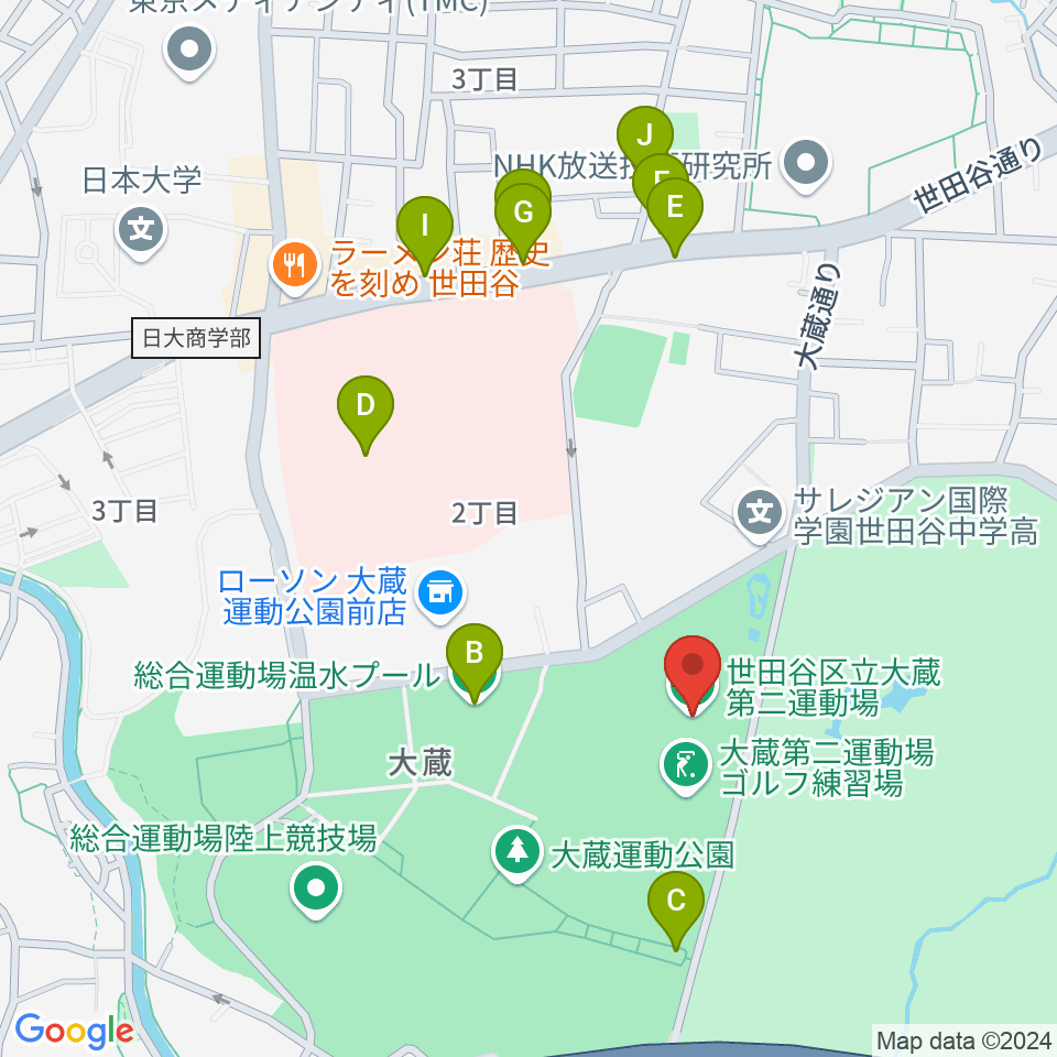 大蔵第二運動場体育館周辺のファミレス・ファーストフード一覧地図