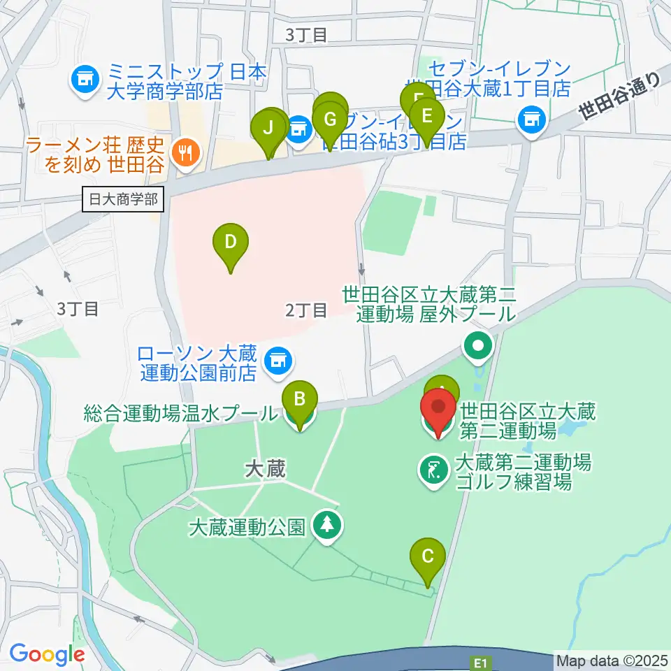 大蔵第二運動場体育館周辺のファミレス・ファーストフード一覧地図