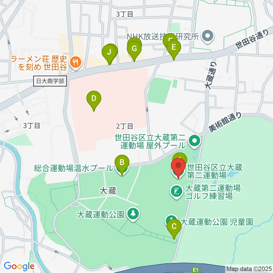 大蔵第二運動場体育館周辺のファミレス・ファーストフード一覧地図