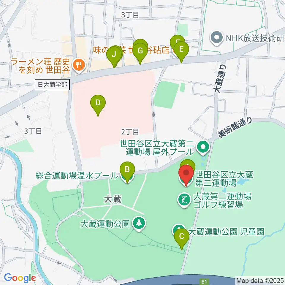 大蔵第二運動場体育館周辺のファミレス・ファーストフード一覧地図