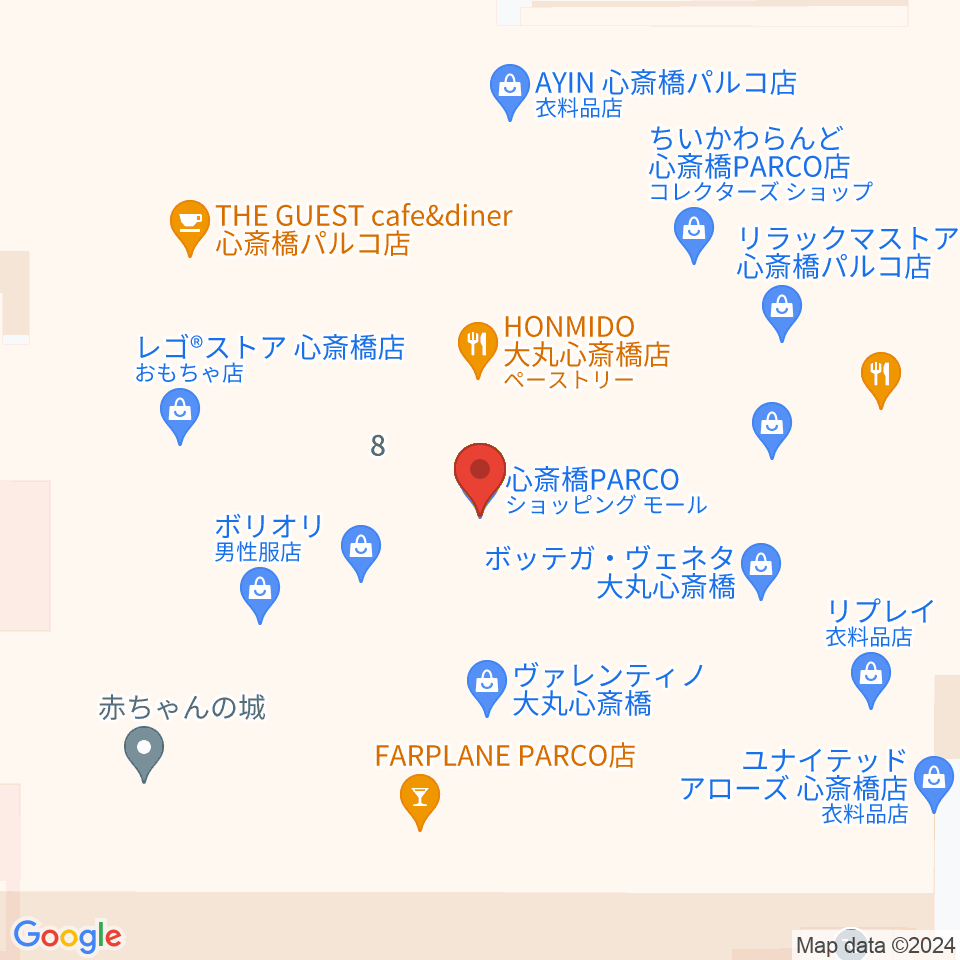 心斎橋パルコSPACE14周辺のファミレス・ファーストフード一覧地図