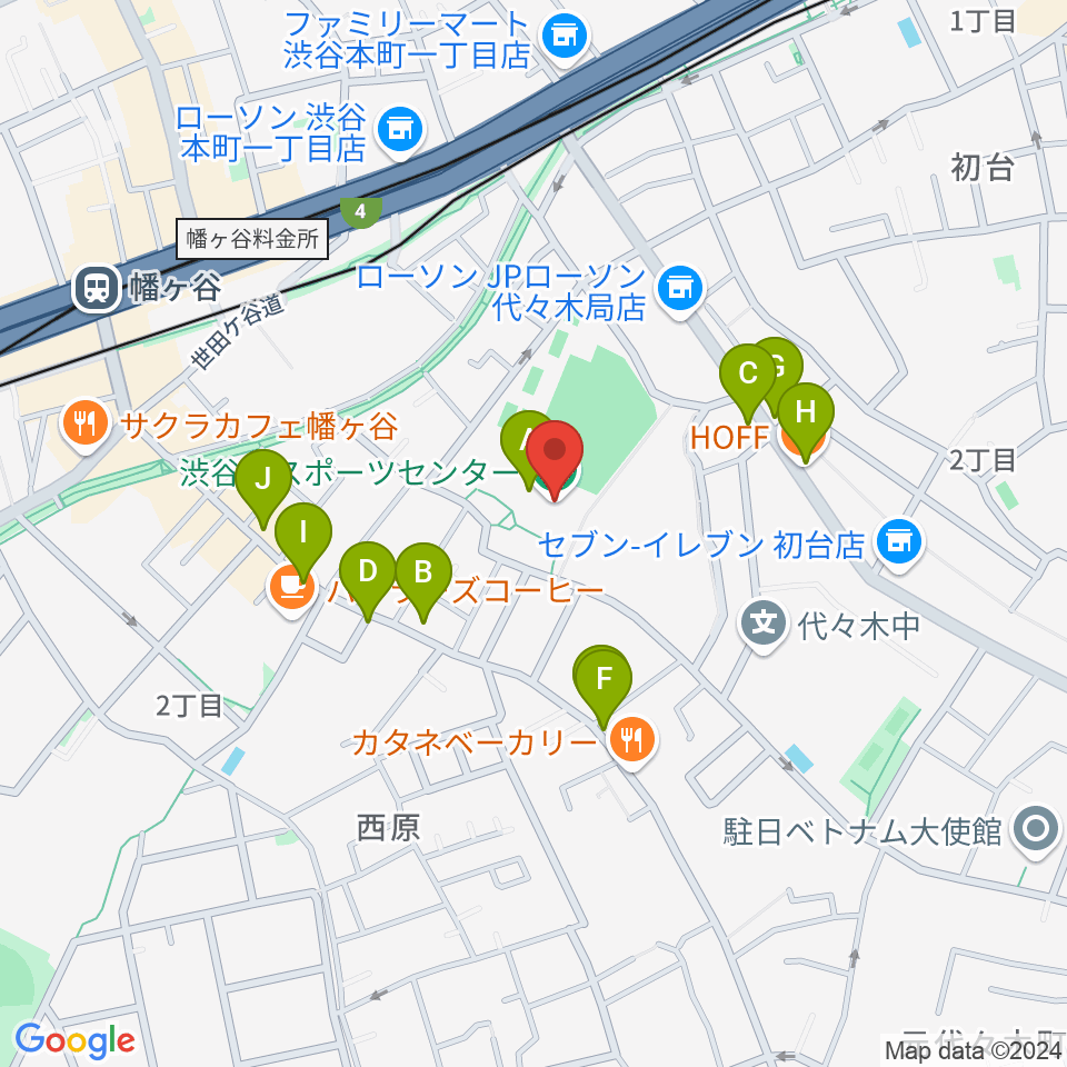 渋谷区スポーツセンター周辺のファミレス・ファーストフード一覧地図